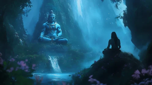 Moonlit yogi before colossal Shiva in misty blue valley.