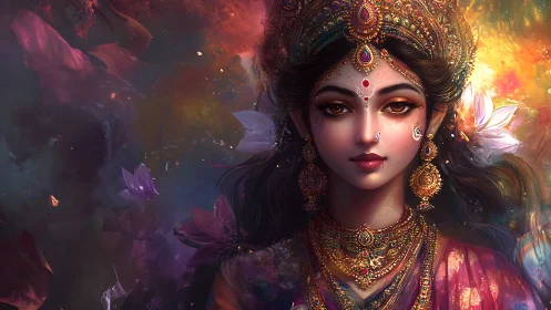 Jewelled goddess gazes through swirling cosmic lotus storms