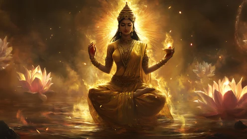 Golden goddess meditation over lotus lake under radiant halo.