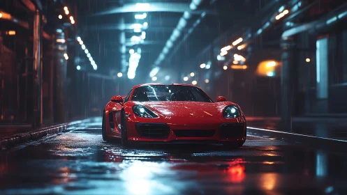 Red sports coupe under cinematic neon rain lighting.