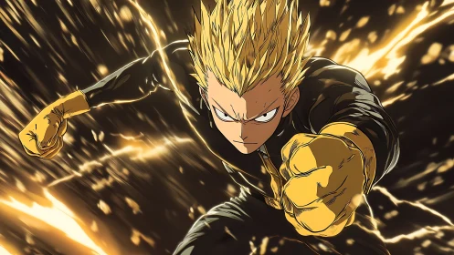 Electric hero surges forward with bold fists and fierce focus