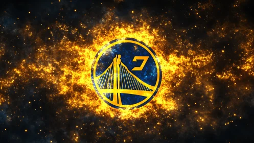 Golden bridge emblem glows within fiery cosmic energy field.