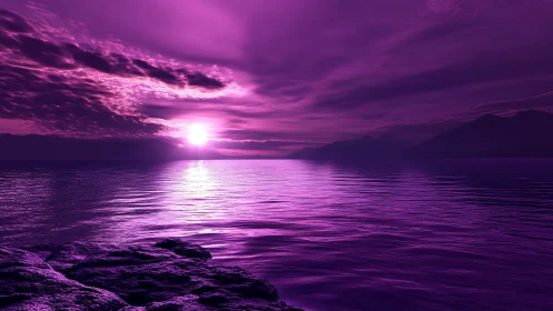 Violet sunset bathes calm ocean and distant mountain silhouettes