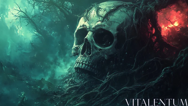 Haunting forest skull rests amid tangled roots and eerie fire