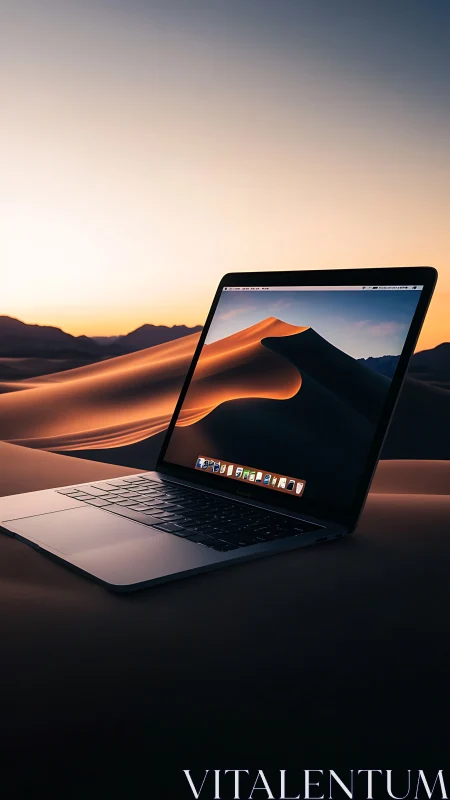Open laptop on desert dunes at sunset with warm glow.