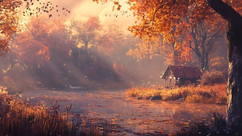 Golden dusk drapes a riverside cabin in hushed autumn light