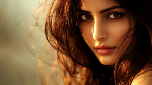 Sunlit brown-eyed portrait captures intense, intimate gaze.