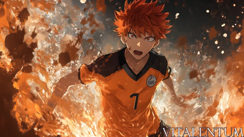 Orange haired athlete in numbered jersey amid orange field.