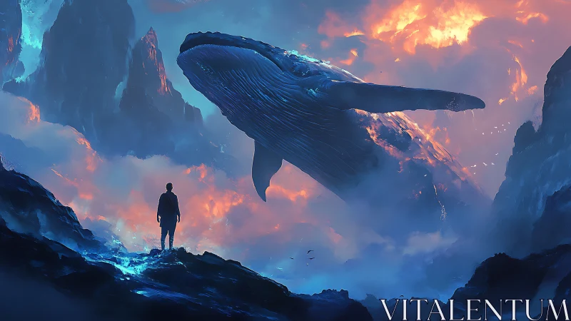 Colossal cosmic whale soars above lone figure in glowing mist