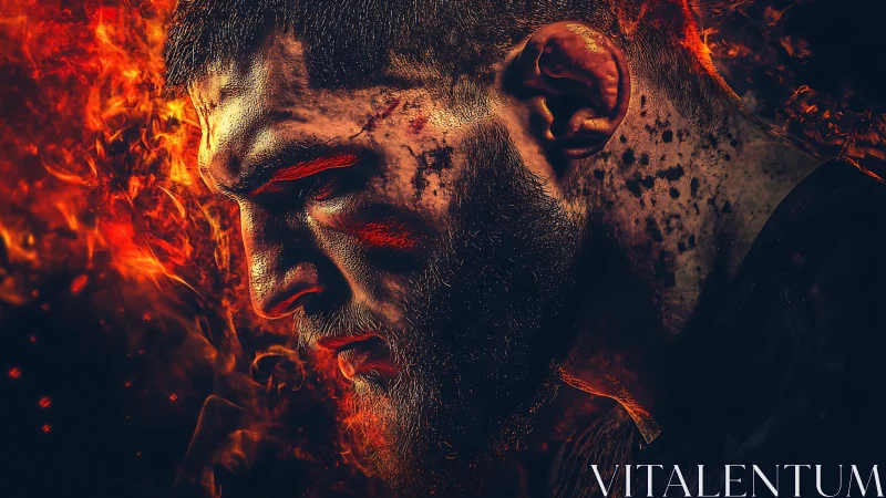 Photorealistic fighter portrait with infernal flame compositing.