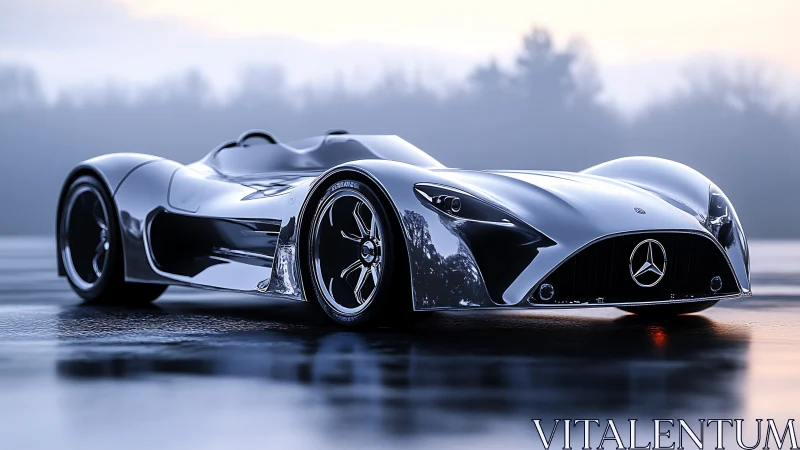Sleek silver roadster glides confidently across a misty track