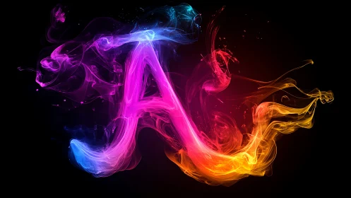 Neon smoke letter A in multicolor luminous swirl composition.
