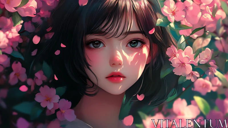 Blossom-drenched gaze of a springlit girl in quiet bloom.