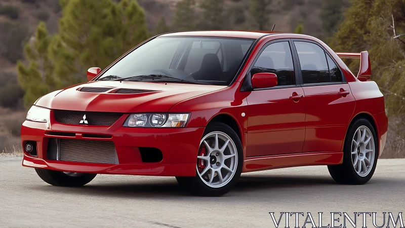 Red Mitsubishi Lancer Evolution sports sedan on mountain road.