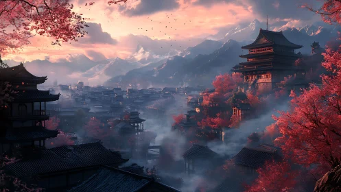 Mountain town with tiered temples and dense morning mist