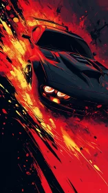 Flaming muscle car streaks through abstract red inferno.