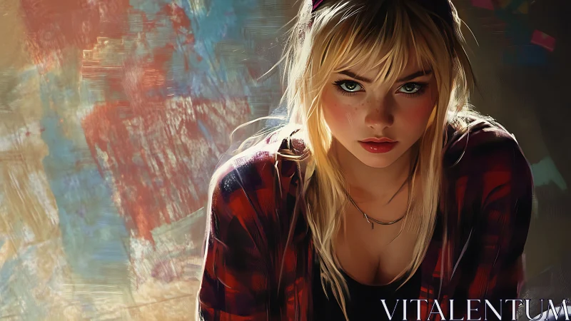 Blonde woman in plaid shirt against abstract painted wall.