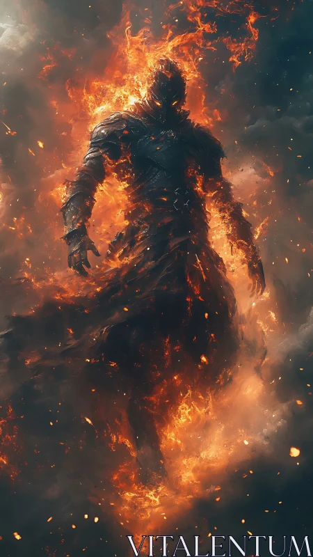 Inferno-clad warlord strides from swirling stormfire veil.