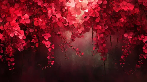 Crimson cascading blossoms with atmospheric depth and bokeh glow
