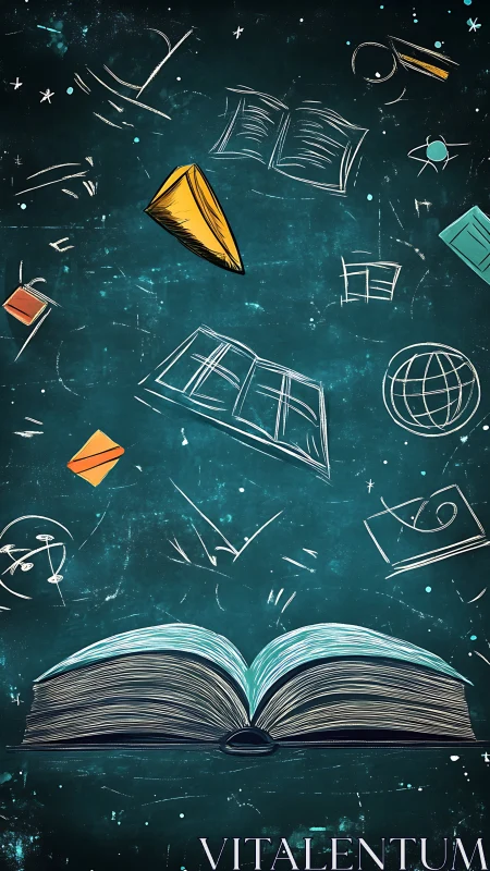 Open illustrated book with floating geometric study icons.