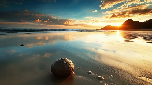 Sunset light over reflective shore with single round stone.