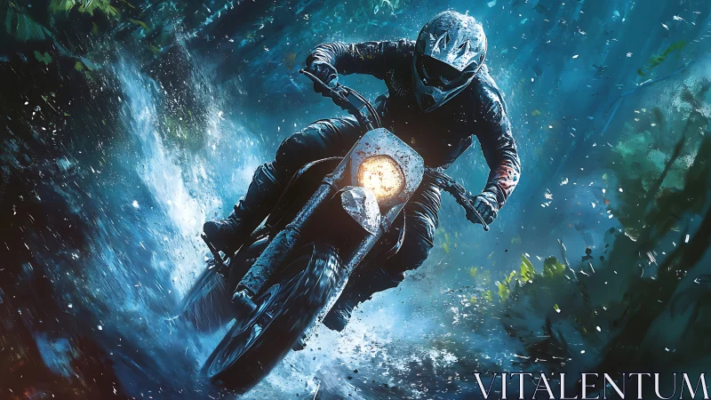 Off-road biker carves through a stormy forest trail at speed.