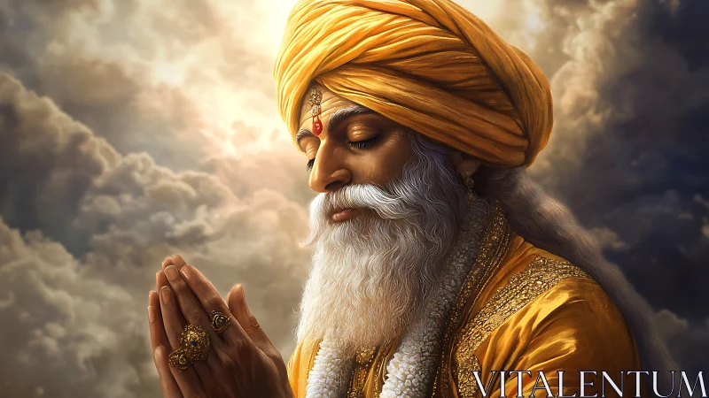 Elderly Sikh devotee rendered in high-detail digital painting light