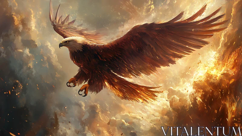Majestic Bald Eagle Soaring Through Fiery Skies, Digital Art.