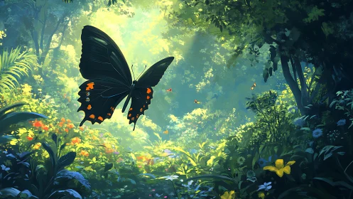 Gentle black butterfly glides through a sunlit forest garden