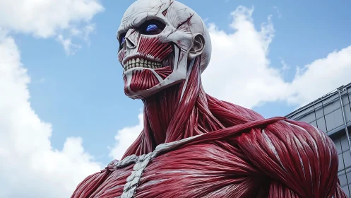 Colossal flayed titan statue against bright blue sky.