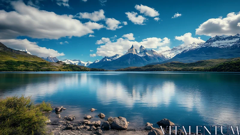 Snow-capped mountain peaks reflect in a still blue lake.