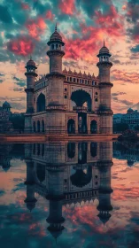 Photorealistic Mughal-style gateway with mirrored water reflection.