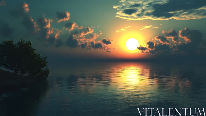 Sunset over calm water with glowing cloud reflections.