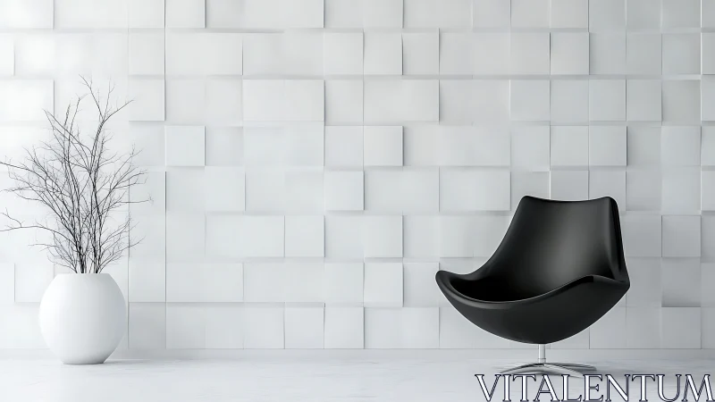 Minimalist Interior with Geometric Wall and Modern Black Lounge Chair