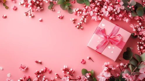 Blush pink gift nestles in a whirl of spring blossoms.