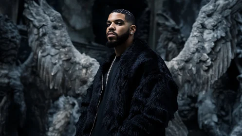 Fur-clad figure before eroded stone seraphim reliefs in shadowed hall.