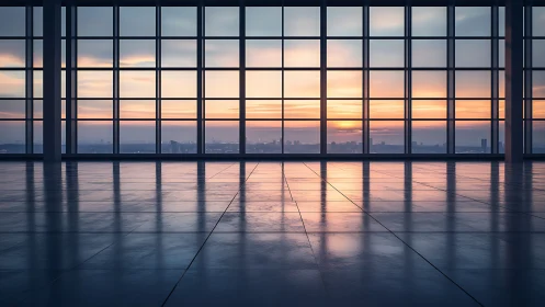 Parametric glass facade framing reflective sunset floor plane.