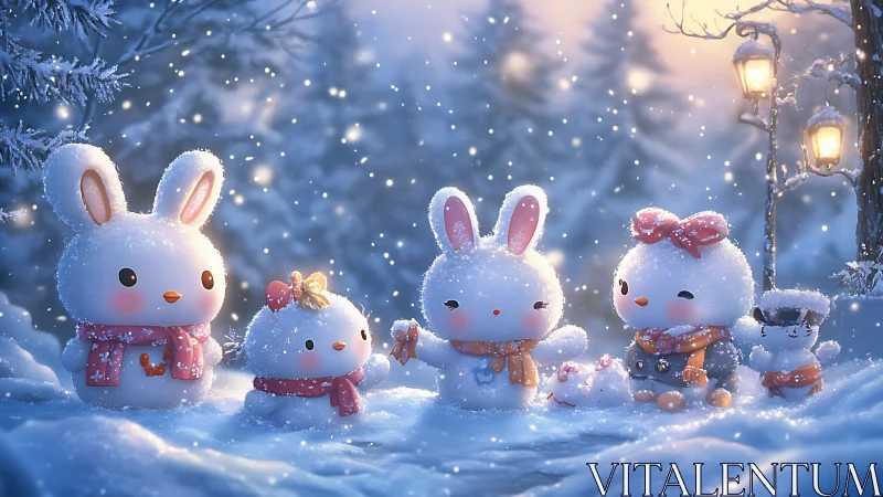 Snowy rabbit figures and animal toys in winter setting.