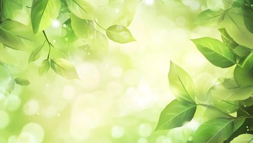 Sunlit green leaves frame soft glowing bokeh background