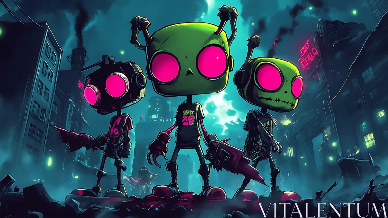 Neon eyed alien misfits stalk a smoky cyberpunk backstreet.