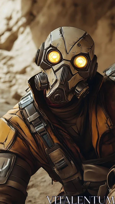 Post-apocalyptic scavenger with glowing goggles waits, watching.