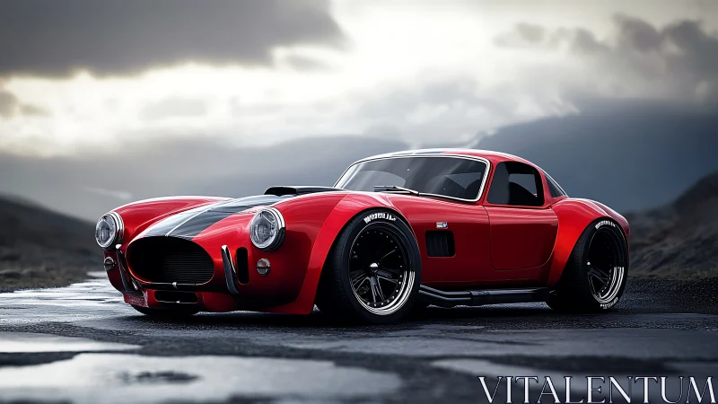 Red classic sports coupe parked on wet mountain road.