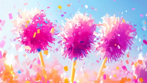 Confetti-blossom pompom trees twirl under candy-blue skies