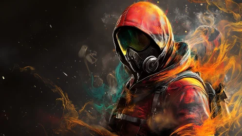 Hooded gas mask warrior engulfed by swirling neon flames.