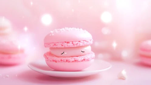 Anthropomorphic Pink Macaron with Serene Expression on White Plate
