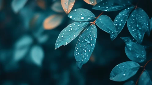 Raindrops sit on teal-toned leaves under shallow depth of field