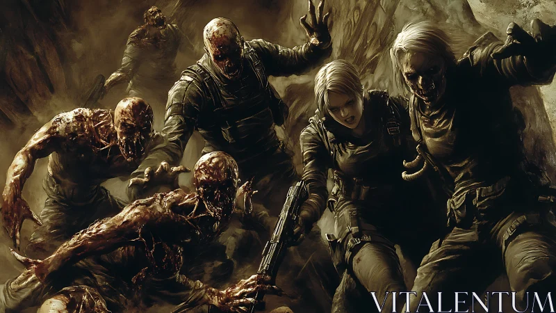 Tactical soldier under siege by decayed mutants in sepia horror