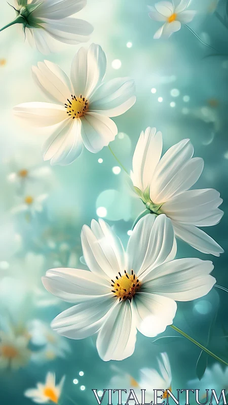 White cosmos flowers with yellow centers against turquoise bokeh background