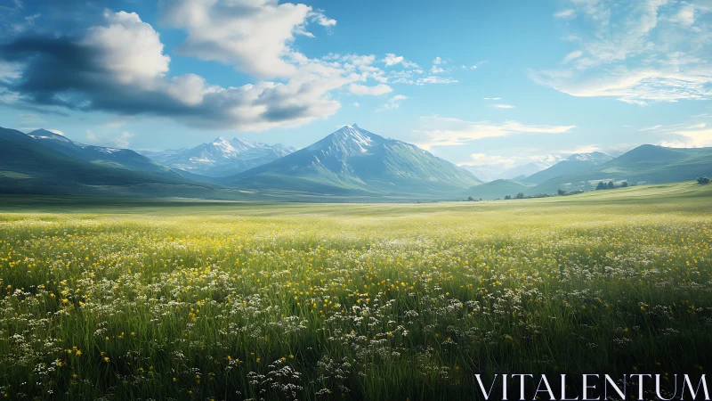 Wide mountain valley with wildflower meadow under blue sky.