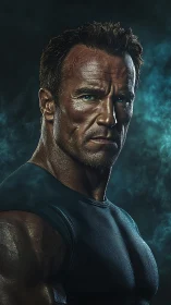 Muscular male portrait in dark studio with side lighting.